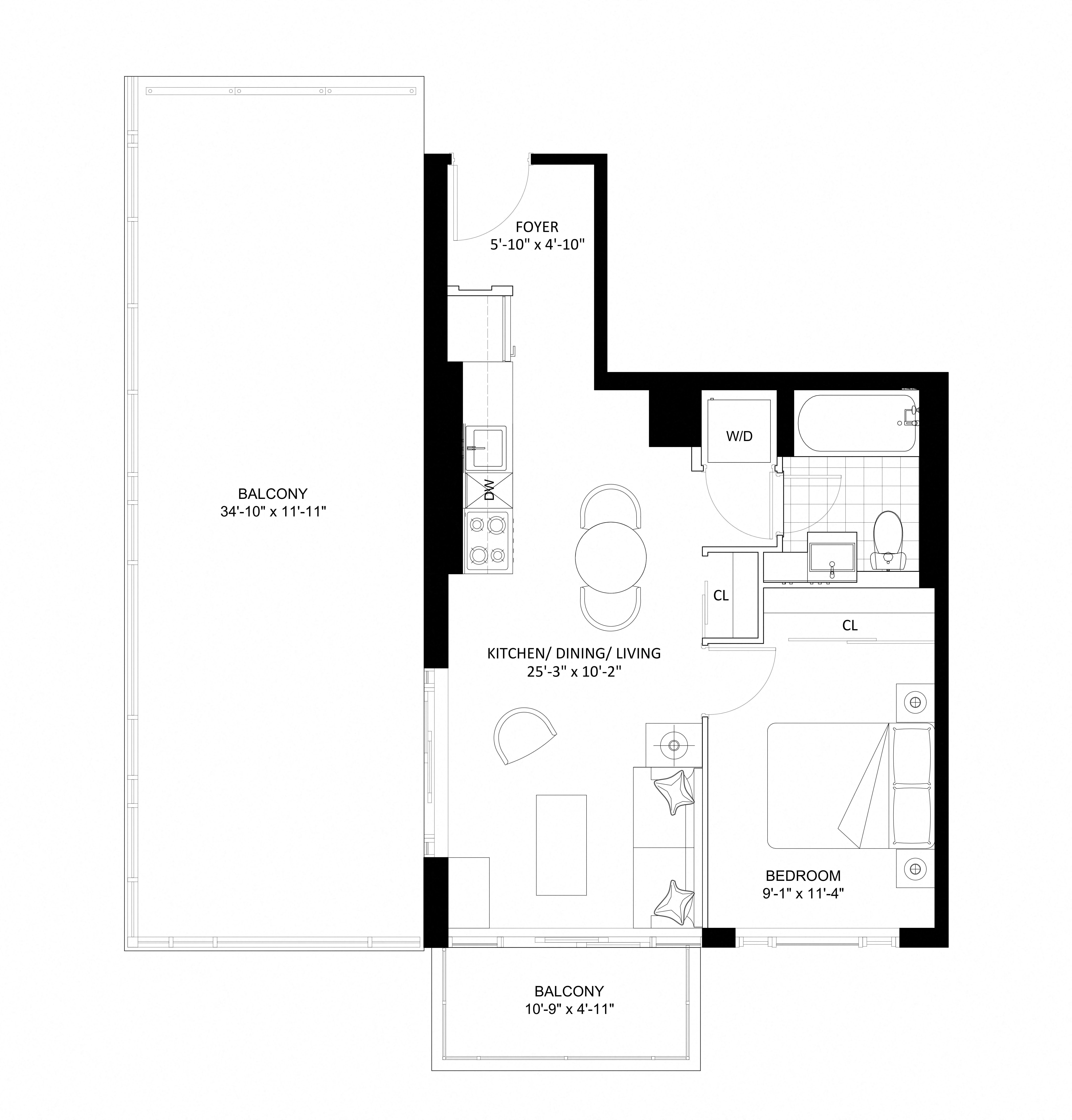 Floor plan for 1 bed, 1 bath, 537 sqft